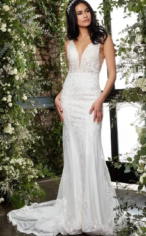Today’s Special Jovani JB07385 Long Fitted Sheer V Neck Lace Wedding Dress Train Embroidered Today’s Special Jovani JB07385 Long Fitted Sheer V Neck Lace Wedding Dress Train Embroidered