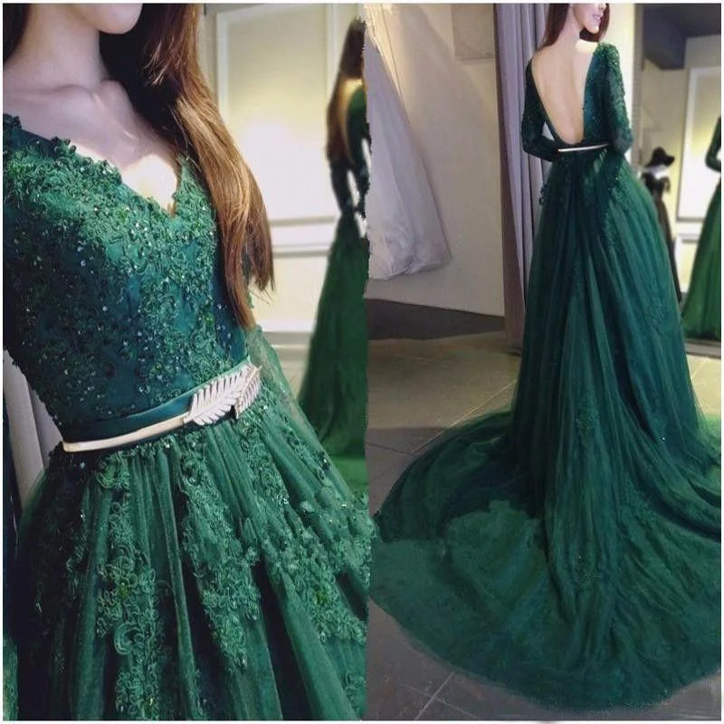 Mega Deal elegant v-neck long sleeves green lace long prom dress, PD0842