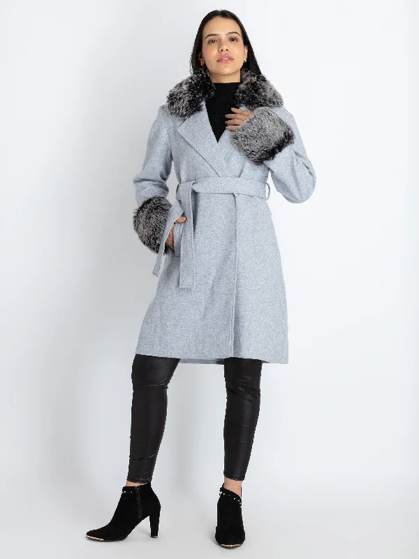 Deal Mania Womens Solid Long Coat With Detachable Fur Collar