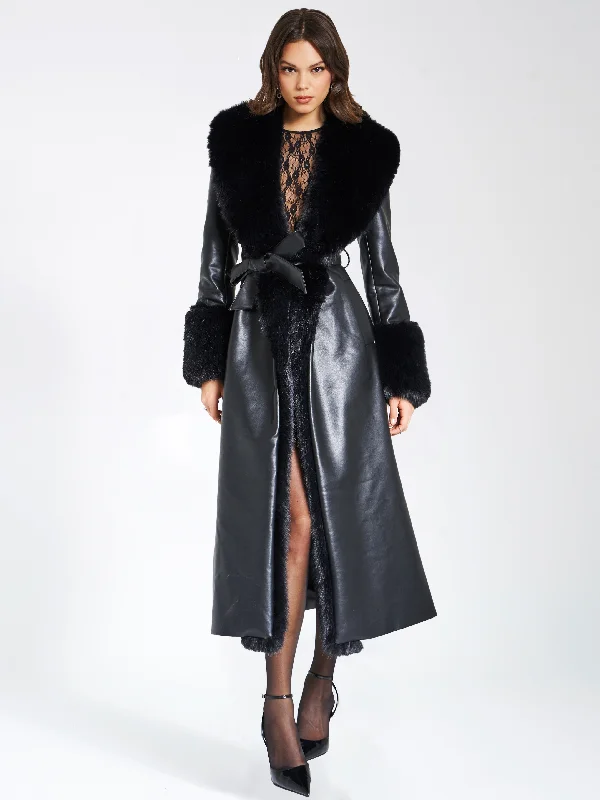 Final Markdown Zaida Black Vegan Fur Trim Black Vegan Leather Coat