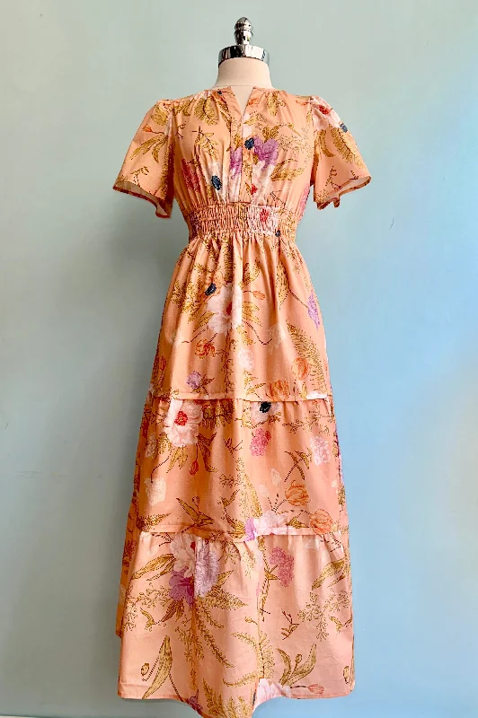 Discount Deals Short Sleeve Midi Dress in Peach Floral