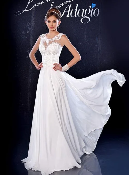 Stock Clearance Adagio Bridal 9163 size 0 Ivory Long Chiffon Sheer Lace Wedding Dress Open Back Train Stock Clearance Adagio Bridal 9163 size 0 Ivory Long Chiffon Sheer Lace Wedding Dress Open Back Train
