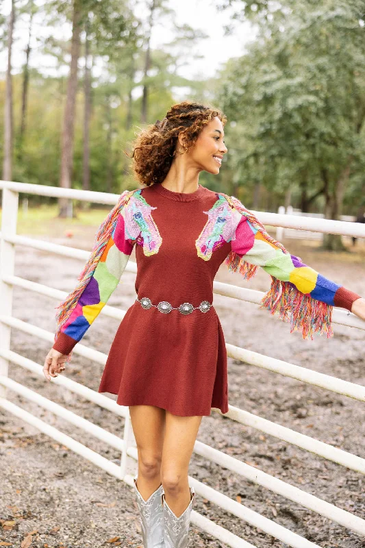 Today's Special Brown Fringe Rainbow Horse Heads Sweater Dress