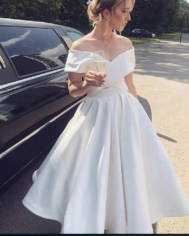 Weekend Deal Satin A Line Off the shoulder Ivory/White Short Wedding Gown Party Dress Knee Length SP0815 Weekend Deal Satin A Line Off the shoulder Ivory/White Short Wedding Gown Party Dress Knee Length SP0815
