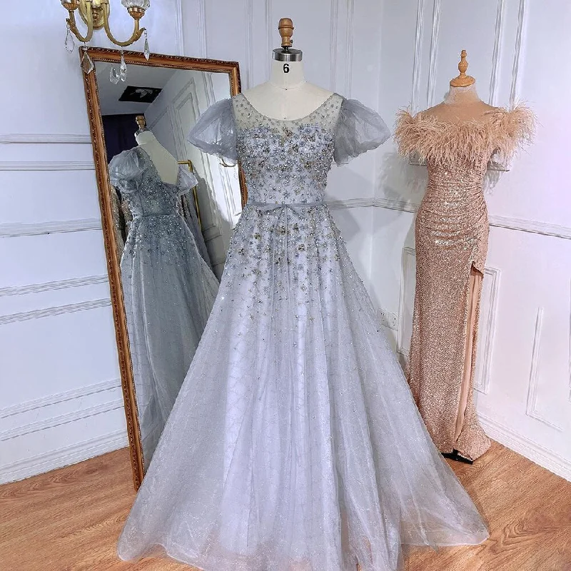 Super Bargain Serene Hill Grey A-Line Sexy Floor Length Beaded O Neck Luxury Evening Dresses Gowns For Women Arabic Party 2024 LA71839