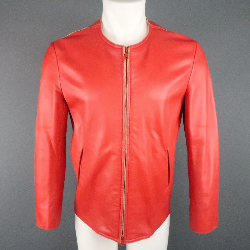 Year-End Sale JIL SANDER Size L Red Raw Edge Leather Collarless Zip Jacket