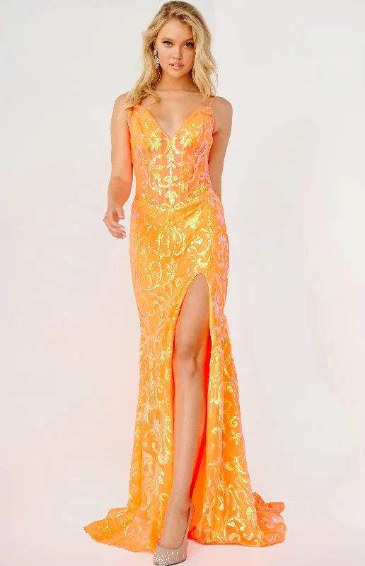 Extra Savings Jovani 23216 Iridescent Sequins Prom Dress V Neckline Sheer Fit and Flare Slit Extra Savings Jovani 23216 Iridescent Sequins Prom Dress V Neckline Sheer Fit and Flare Slit