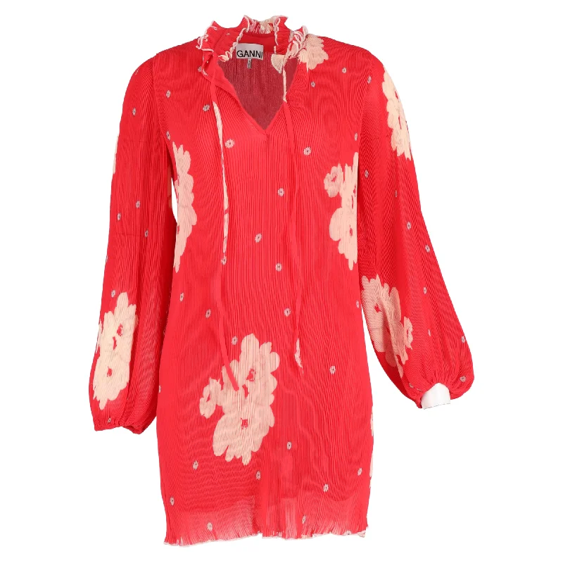 Don't Miss Ganni Ruffle-Trimmed Floral-Print Plissé-Chiffon Mini Dress In Red Viscose Don't Miss Ganni Ruffle-Trimmed Floral-Print Plissé-Chiffon Mini Dress In Red Viscose