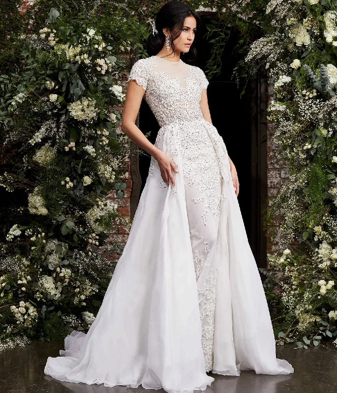 Exclusive Preview Jovani Bridal S50581 Short Sleeve Beaded Wedding Gown Overskirt Lace Couture Dress Exclusive Preview Jovani Bridal S50581 Short Sleeve Beaded Wedding Gown Overskirt Lace Couture Dress