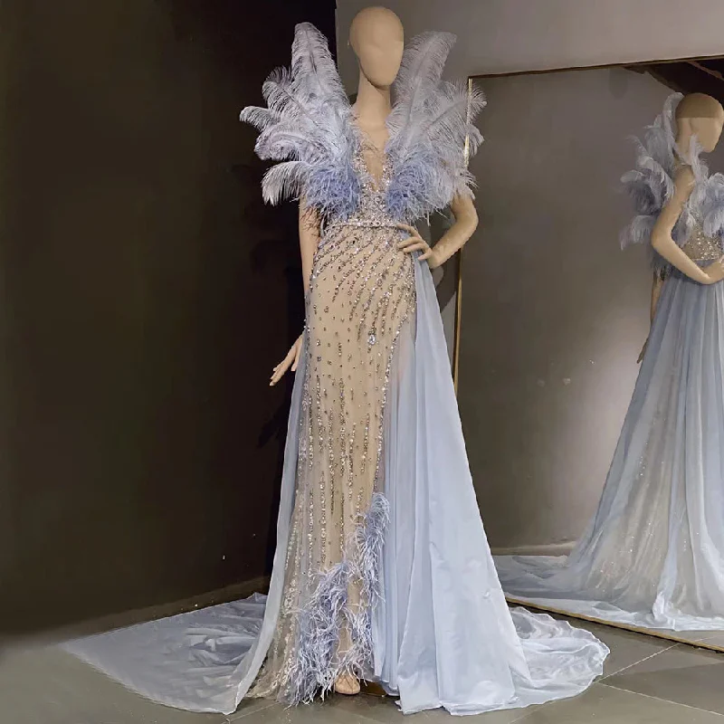 Amazing Deals Serene Hill Blue Feather Beaded Evening Dresses Gowns 2024 Mermaid Luxury Elegant For Women Party LA71587