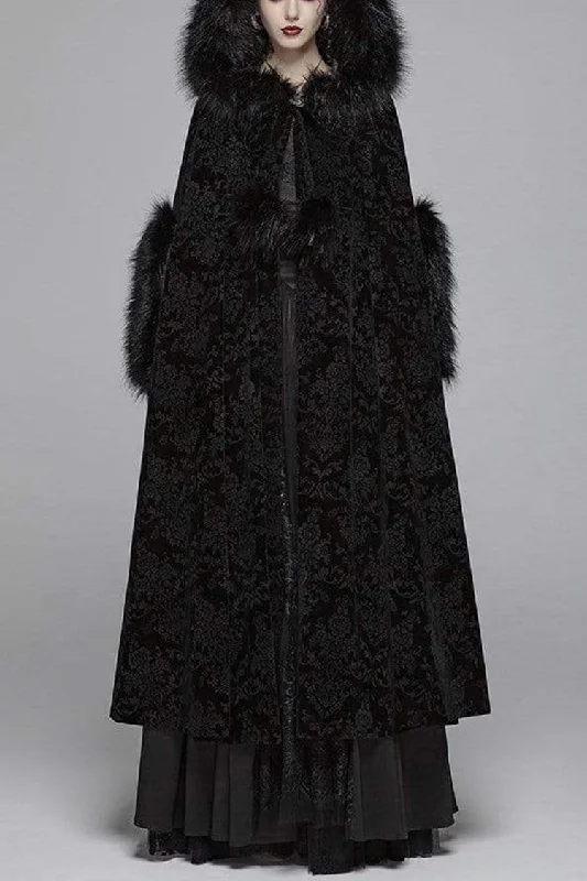 Best Deals Black Fur Hood Front Fuzzy Ball Bandage Long Women's Gothic Cloak