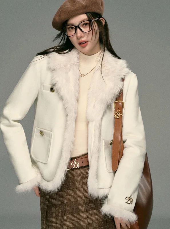 Extra Discounts Ivory Boucle Jacket: Faux Fur Trim Cropped Coat with Gold Buttons