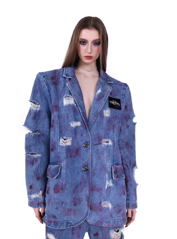 Special Discount PINKSPINK Distressed Denim Blazer - Blue with Red Accents