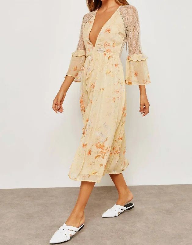 Lowest Prices Floral Print Lace Rhinestones Ruffle Midi Dress In Beige