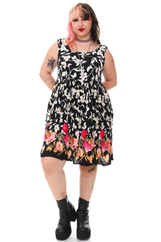 Big Savings Vintage 90's Black & White Floral Tank Dress - L/XL/2X