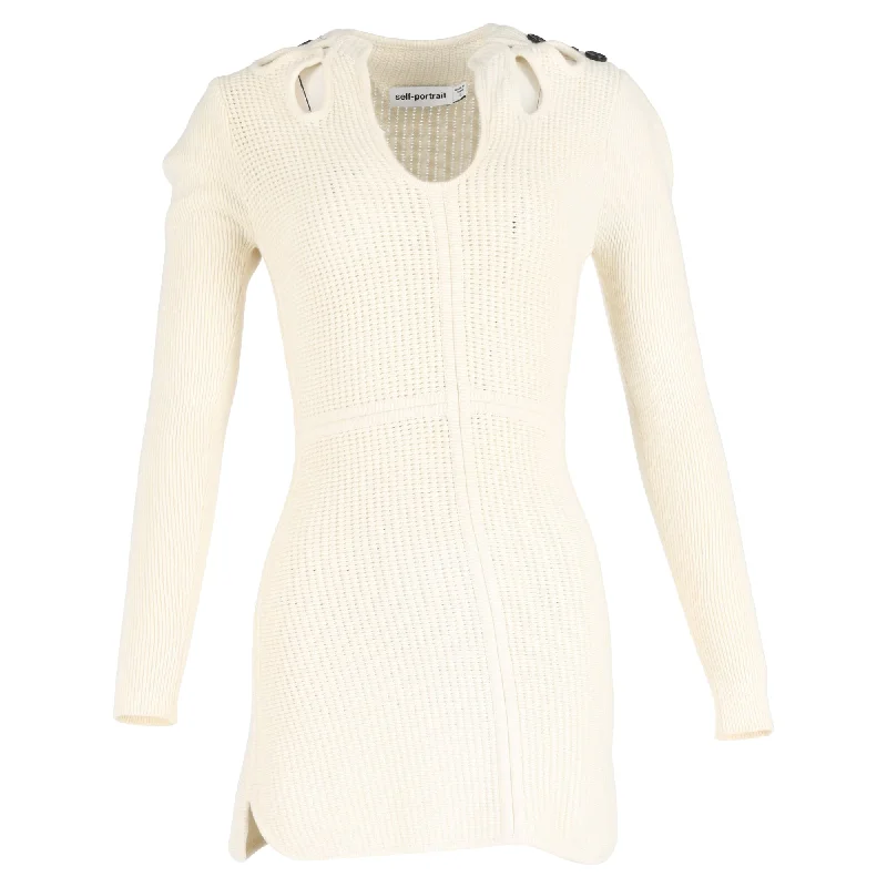 YEAR-End Clearance Self-Portrait Button-Embellished Cutout Ribbed Mini Dress in Cream Cotton YEAR-End Clearance Self-Portrait Button-Embellished Cutout Ribbed Mini Dress in Cream Cotton