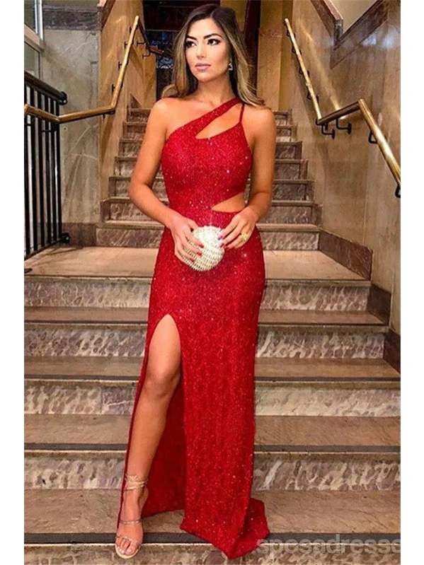 New Deals Sexy Red Mermaid One Shoulder Side Slit Cheap Long Prom Dresses,12970