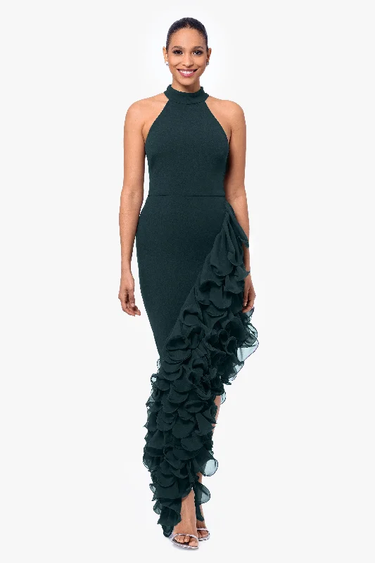 Big Savings "Mona" Long Ponte Asymmetrical Ruffle Mock Neck Dress
