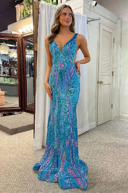 Major Savings Blue Mermaid V Neck Sequins Lace Long Prom Dresses