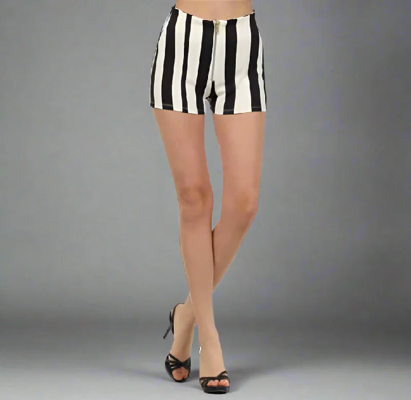 Act Fast Striped high waist shorts with zipper front. Scuba print