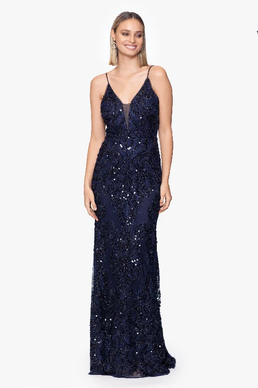 Early Access "Nina" Long Sequin Illusion V-Neck Dress