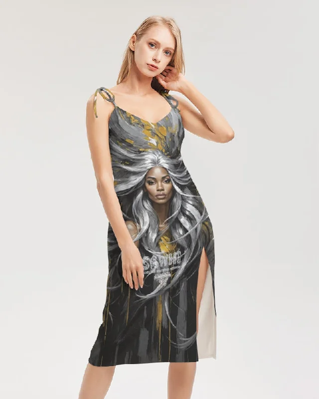 Can't Be Beat Black Sister Collection [Part 2 ] Women's All-Over Print Tie Strap Split Dress