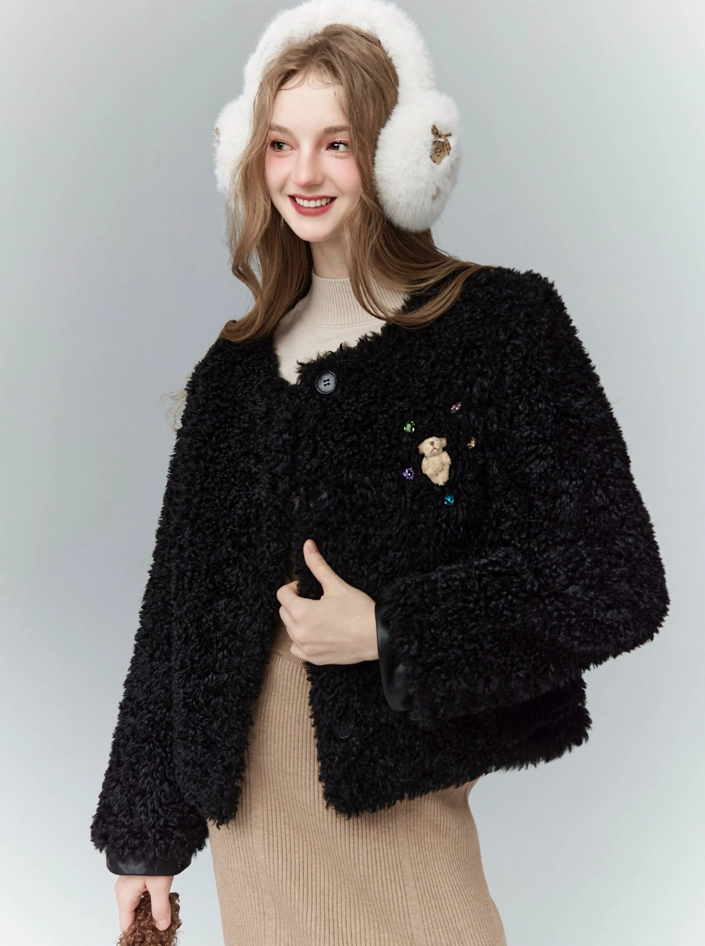Sneak Peek Sale Cozy Teddy Bear Cardigan: Plush Textured Cropped Jacket with Charming Embroidered Details Sneak Peek Sale Cozy Teddy Bear Cardigan: Plush Textured Cropped Jacket with Charming Embroidered Details