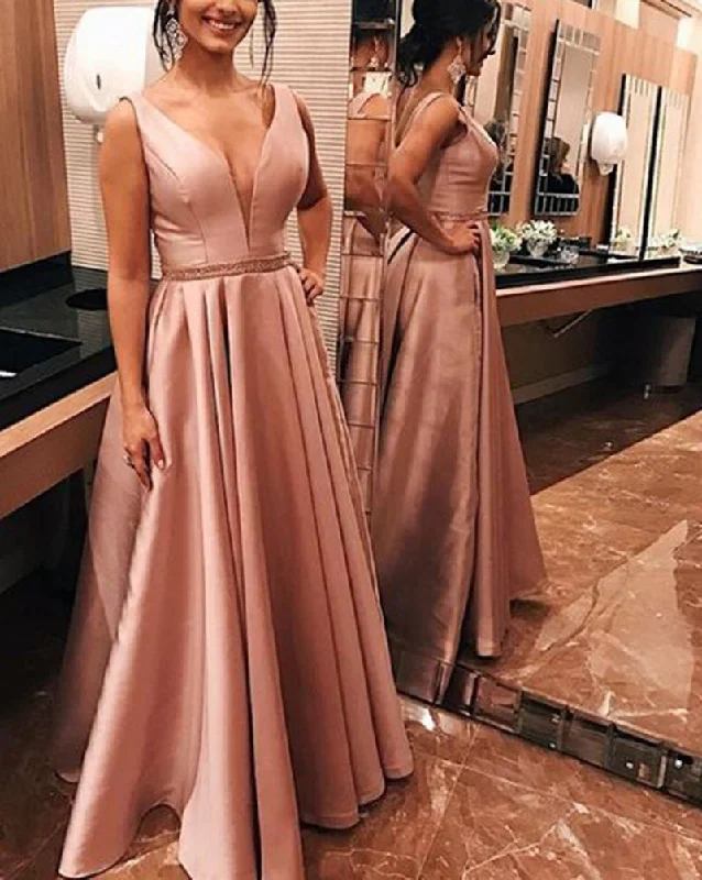 Overstock Pink Satin V Neck Long Prom Dresses with Beading Belt PL8745