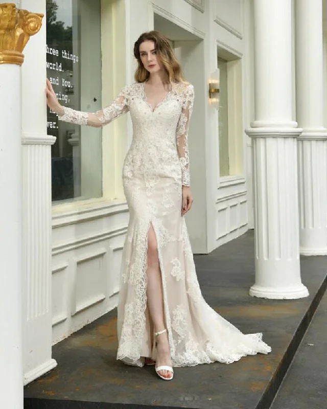 YEAR-End Sale Ivory/Nude Vintage Long Sleeves Lace Mermaid Wedding Dress for Bride with Slit WD09266 YEAR-End Sale Ivory/Nude Vintage Long Sleeves Lace Mermaid Wedding Dress for Bride with Slit WD09266