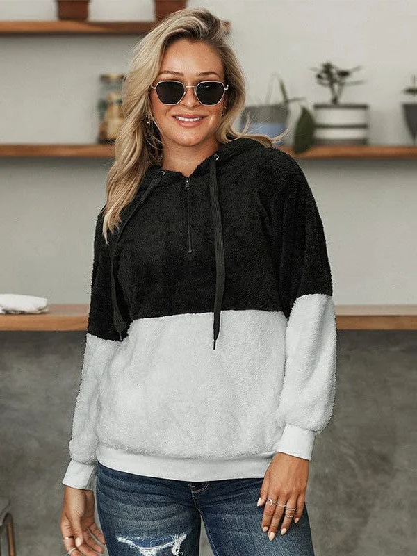 Stock Clearance Fashionable Women'S Color Block Plush Hoodie Sweatshirt With Hood