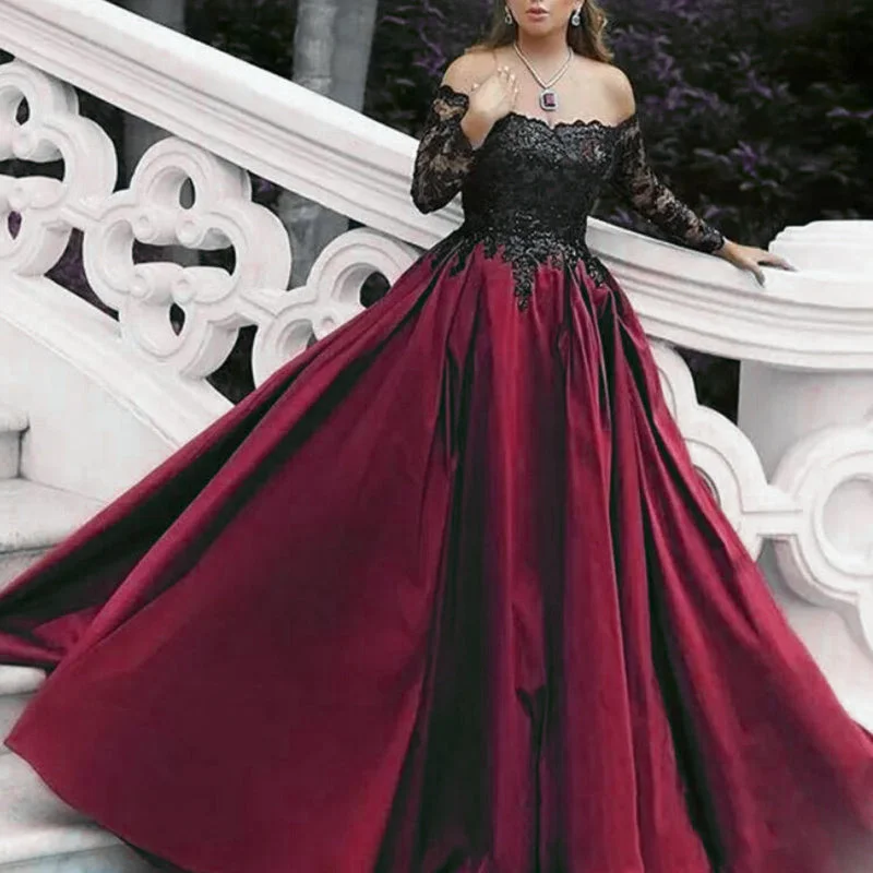 Massive Deals Stunning Burgundy Women Formal Evening Gown Off the Shoulder Long Sleeves satin A Line Lace Prom Dresses Massive Deals Stunning Burgundy Women Formal Evening Gown Off the Shoulder Long Sleeves satin A Line Lace Prom Dresses