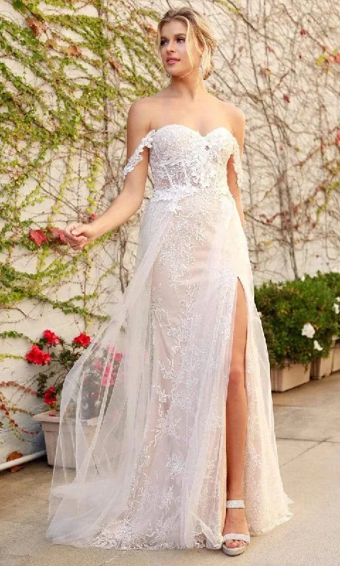 Huge Discounts Nox Anabel E441 Size 4, 10, 14 Off the shoulder Sheer Lace Wedding Dress Slit Overskirt Bridal Gown Boho Huge Discounts Nox Anabel E441 Size 4, 10, 14 Off the shoulder Sheer Lace Wedding Dress Slit Overskirt Bridal Gown Boho