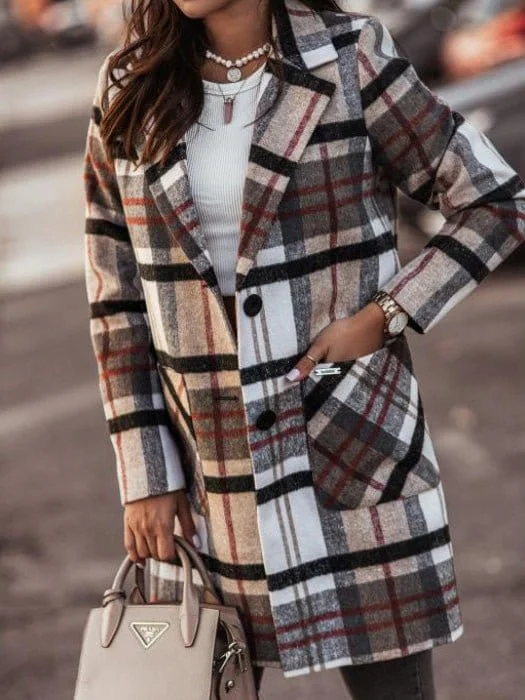 Grand Opening Sale Beige and Brown Plaid Coat