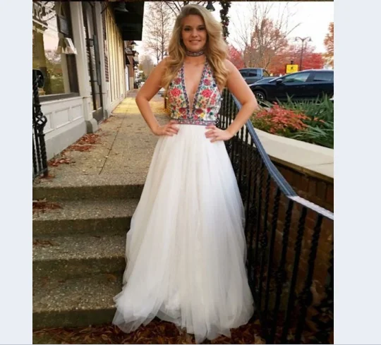 Loyalty Reward charming beaded top v-neck long white tulle prom dress, PD4155