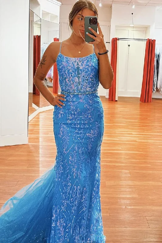 Now or Never Light Blue Mermaid Scoop Neck Sequins Lace Long Prom Dresses