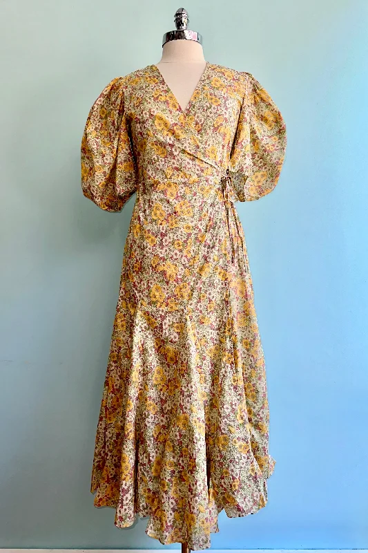 Daily Deals Yellow Floral Balloon Sleeve Wrap Dress
