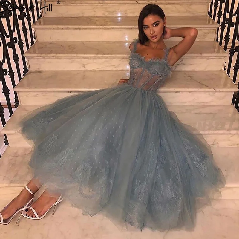 Quick Sale Serene Hill Blue Ankle Length Evening Gowns 2024 Sleeveless Simple Sexy Lace Formal Dress Design LA70767