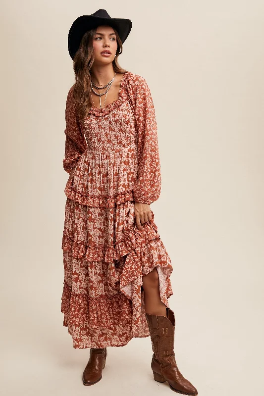Major Savings Contrast Floral Ruffle Tiered Midi Dress in Rust