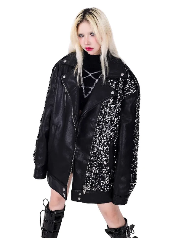 Final Markdown PINKSPINK Glitter Punk Leather Jacket - Black and Silver
