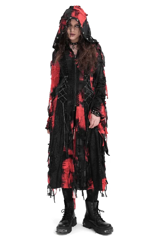 Clearance Sale Gothic Red and Black Hooded Shredded Long Cape