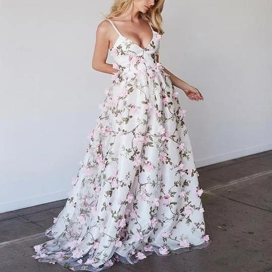 Bonus Savings spaghetti straps charming flower appliques long prom dress, PD40000