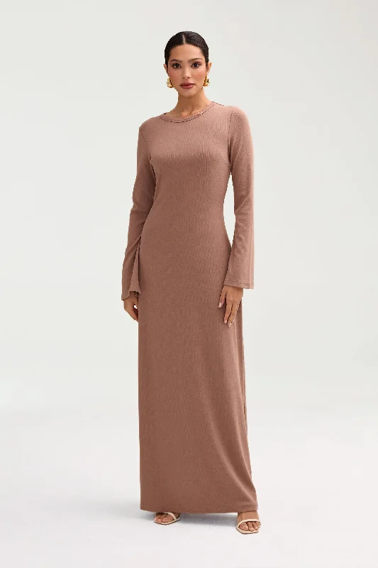 Super Bargain Ella Ribbed Split Cuff Maxi Dress - Brownie
