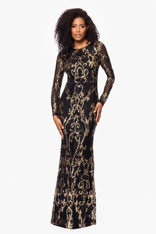 Price Drop "Nara" Long Sleeve Sequin Placement Gown