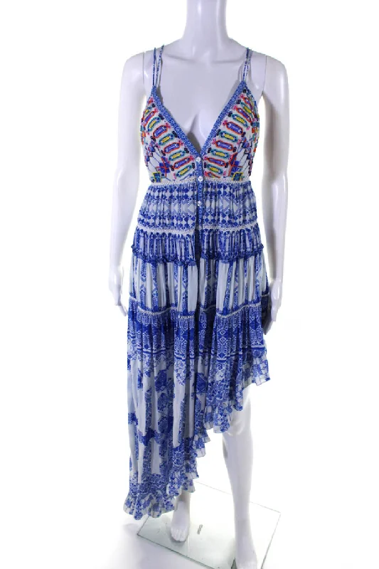 Special Buy Rococo Sand Womens Silk Abstract Print Asymmetrical Pleated Dress Blue