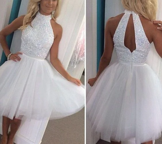 Steals and Deals High Neck Beading White simple Backless Homecoming Dress