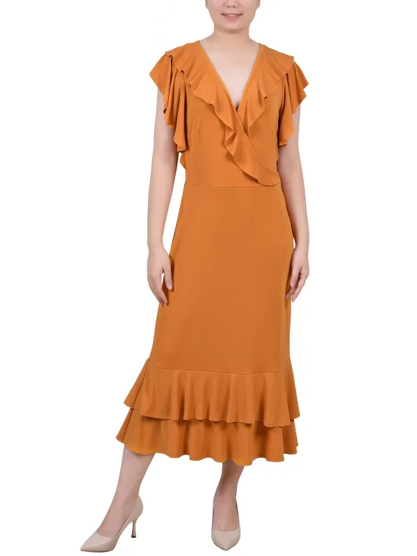Don't Miss Petites Womens Ruffled A-Line Midi Dress