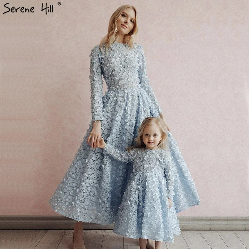 Lowest Price Sale Blue Flowers Evening Dresses 2024 Muslim Long Sleeves Ankle length Midi Dresses  Evening Gowns Serene Hill LA60905
