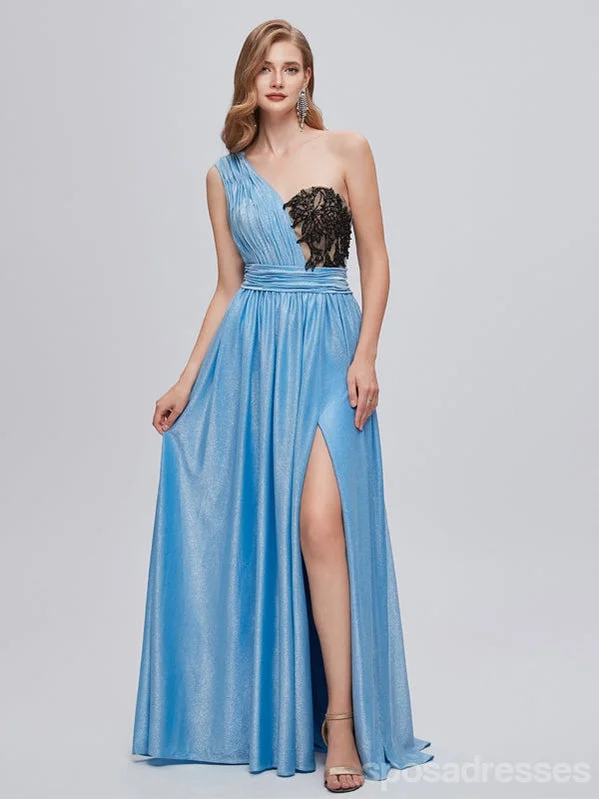 Super Savings Blue One Shoulder A-line High Slit Cheap Long Prom Dresses Online,12991