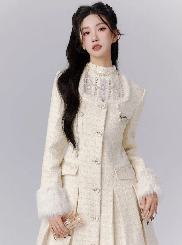 Buy Now Elegant Ivory Tweed Coat Dress with Fur-Trimmed Cuffs