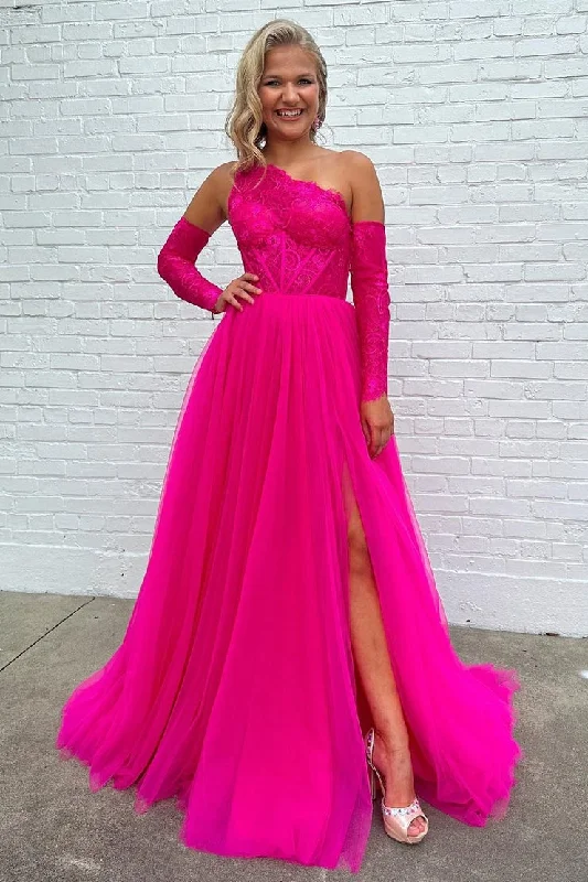 Deal of the Week Hot Pink Tulle A - Line Long Prom Dress with Detachable Long Sleeves and Lace